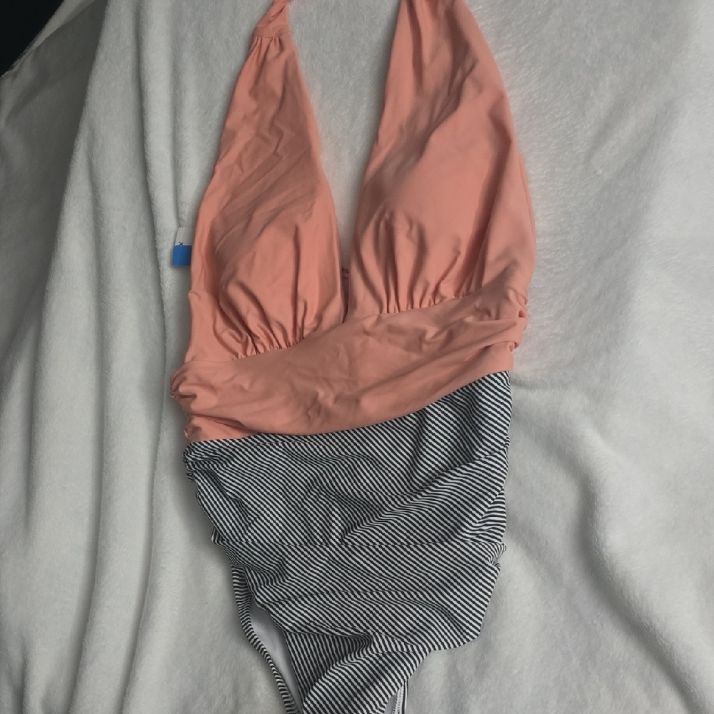 Peach and Black Striped Women's Swimsuit